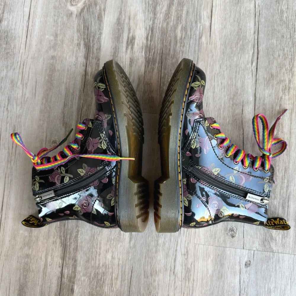 Dr. Martens 1460 J Floral Doodle Patent Leather Boots Black Pink Girl's Size 3